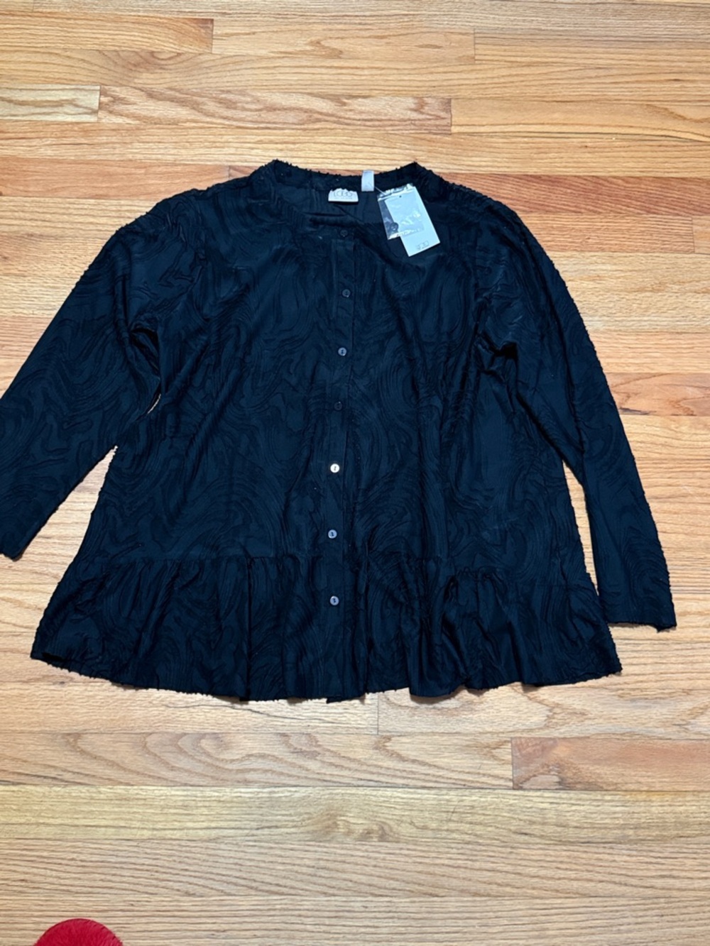 LOGO by Lori Goldstein Black Button-Front Textured Peplum Blouse